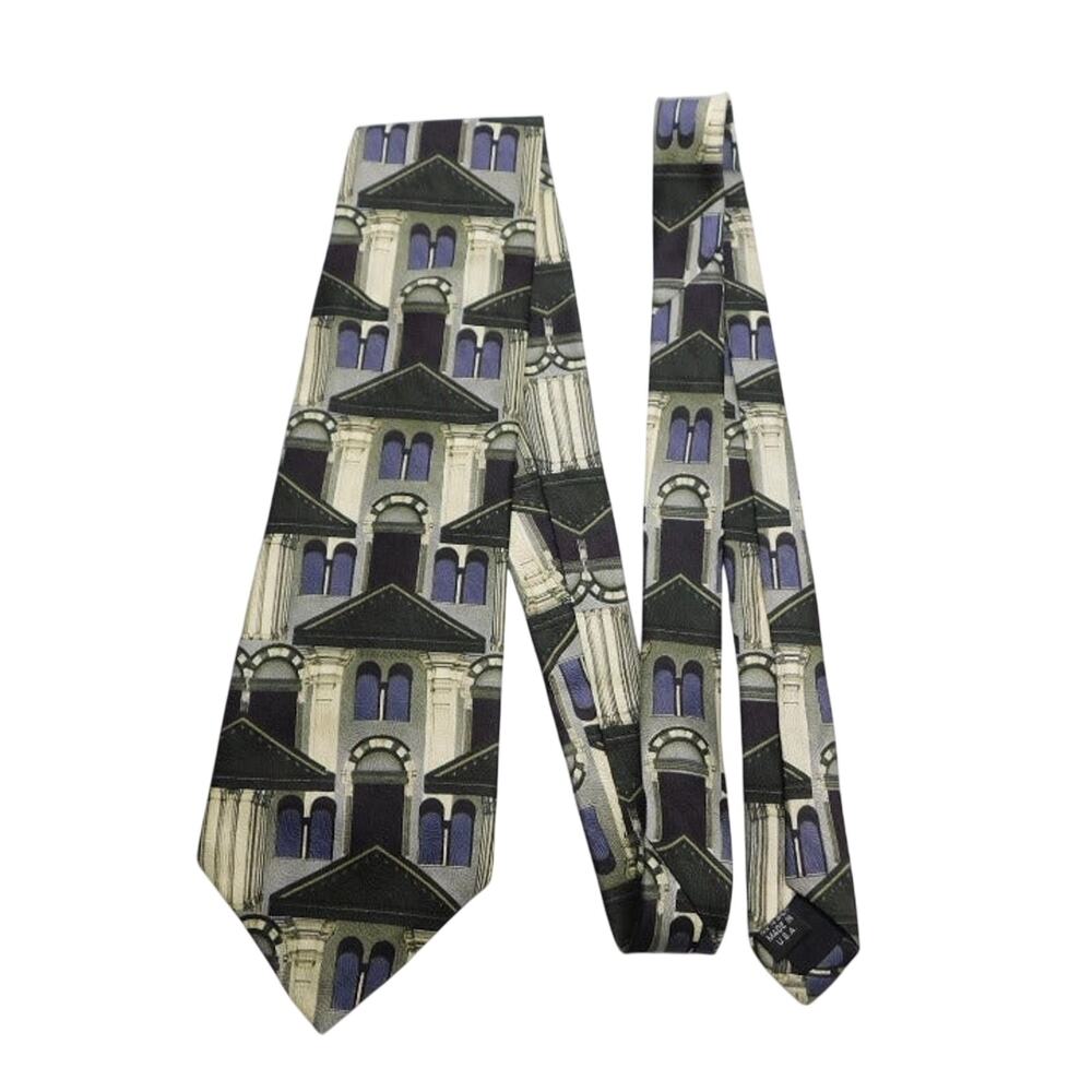 Structure Silk Tie Architecture Buildings Cityscape Geometric Black Blue Necktie - Picture 2 of 5